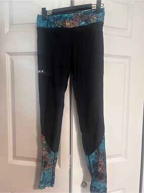 Pelagic Black Leggings with Teal Multi-Color Waist & Cuff Accents